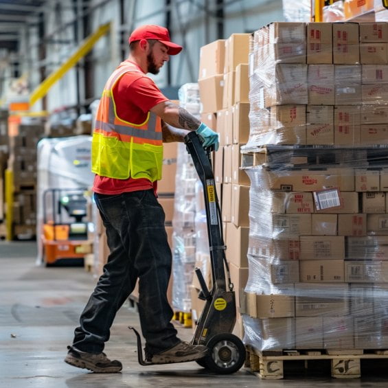 a person using lifting tool in a warehouse